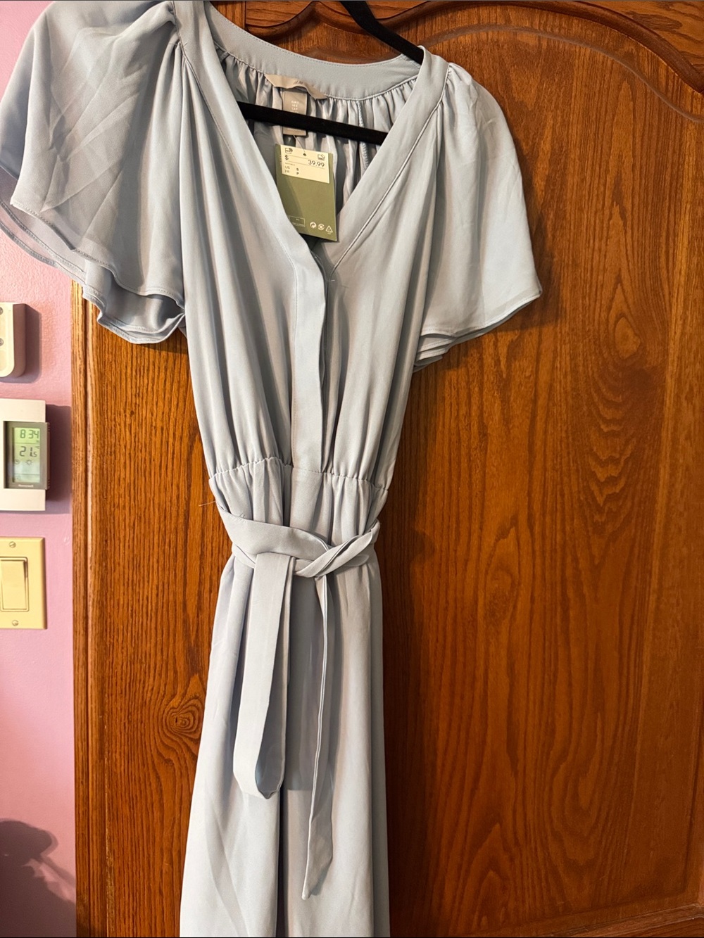 H&M Light Blue V-Neck Flutter-Sleeve Maxi Dress with Tie Waist